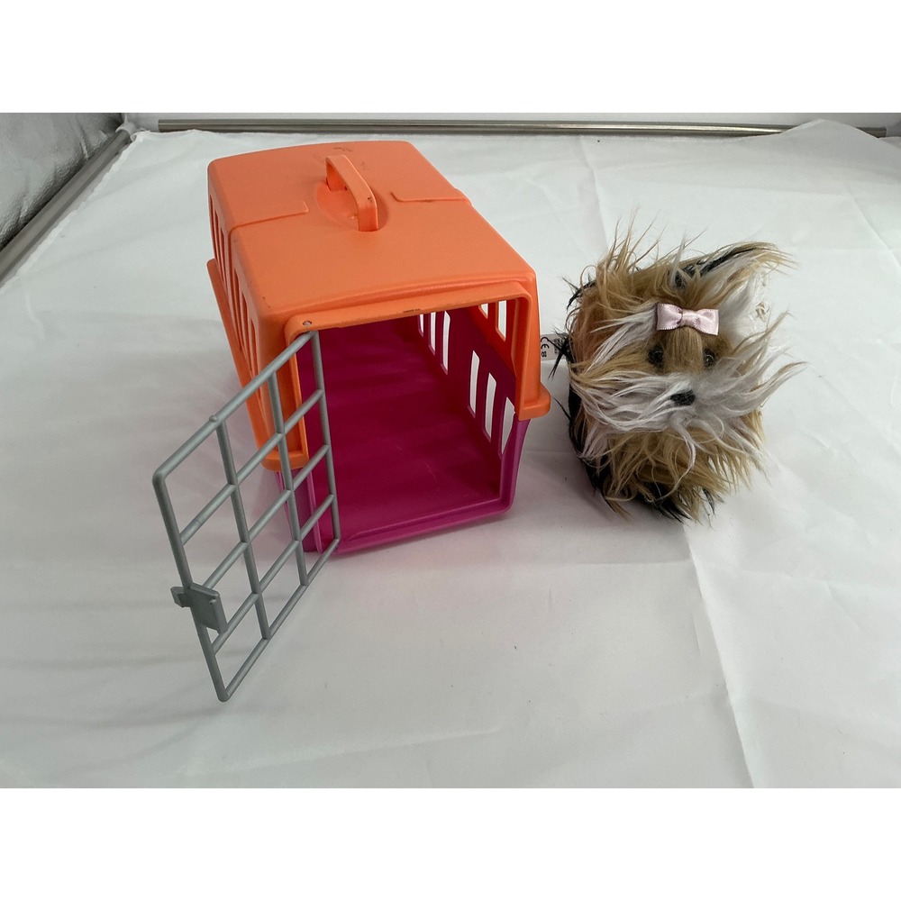 American girl Yorkie brown white tan Dog with Plastic Pet Carrier